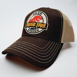 Jurassic Park Ranger Embroidered Patch Trucker Mesh Snapback Cap Hat Brown Dino